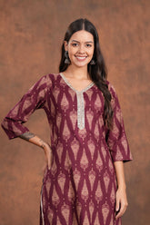 Straight Maroon Block Print Cotton Long Kurti